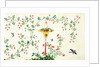 Bird and butterflies in flight around yellow hanging rattan basket of fruits by Unknown