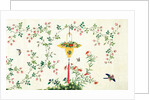 Bird and butterflies in flight around yellow hanging rattan basket of fruits by Unknown