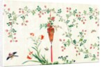 Bird and butterflies in flight around red hanging vase of flowers by Unknown