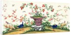 Pair of blue birds pecking around a vase in the centre with birds perching on rock by Unknown