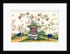 Pair of blue birds pecking around a vase in the centre with birds perching on rock by Unknown