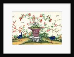 Pair of blue birds pecking around a vase in the centre with birds perching on rock by Unknown