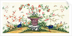 Pair of blue birds pecking around a vase in the centre with birds perching on rock by Unknown