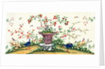Pair of blue birds pecking around a vase in the centre with birds perching on rock by Unknown