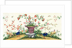 Pair of blue birds pecking around a vase in the centre with birds perching on rock by Unknown