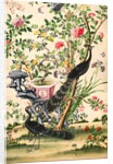 Wallpaper with pair of peacocks and a pot of starfruit by unknown