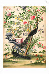 Wallpaper with pair of peacocks and a pot of starfruit by unknown